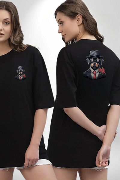 Angemiel Stylish Dog with Red Rose Suit Black Oversize Women's Men's Front and Back Printed T-Shirt