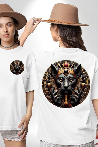 Angemiel تي شيرت Sekhmet Warrior and Goddess of Healing Egyptian أبيض كبير الحجم للنساء والرجال مطبوع من الأمام والظهر