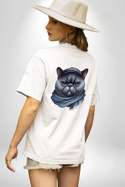 Angemiel تي شيرت City Cat Hat Shawl Serious Look أبيض كبير الحجم للنساء والرجال مطبوع من الأمام والظهر