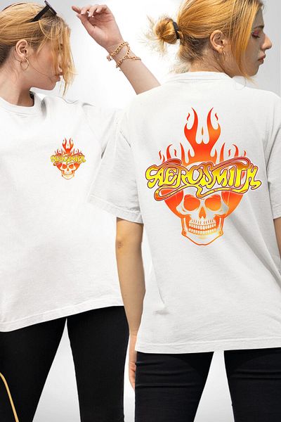 Angemiel تي شيرت Aerosmith Fire Skull أبيض كبير الحجم للنساء والرجال مطبوع من الأمام والظهر