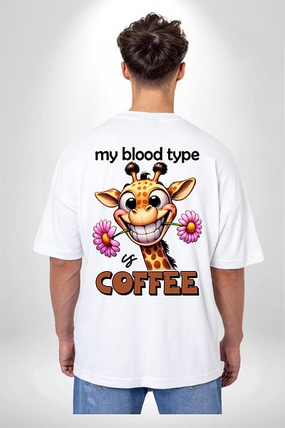 Angemiel Coffee Passion Love Giraffe Flower White Oversize Women's Men's Front and Back Printed T-Shirt