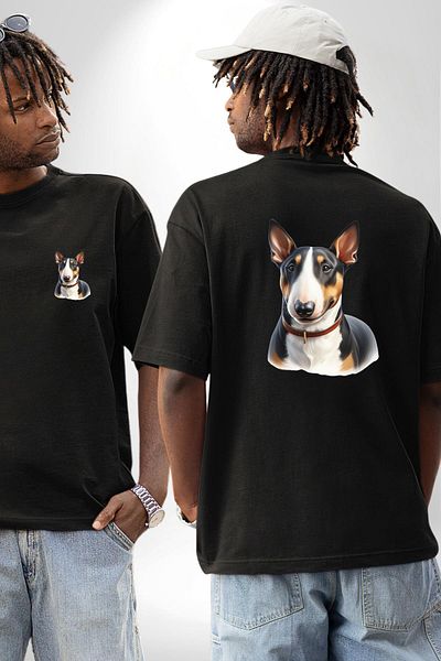 Angemiel Brave Miniature Bull Terrier Dog Black Oversize Women's Men's Front and Back Printed T-Shirt