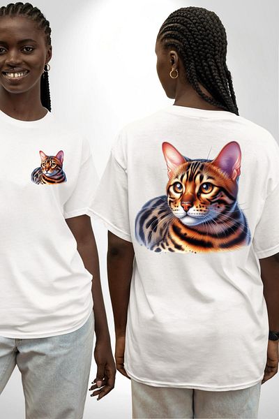 Angemiel Bengal Cat White Oversize Women's Men's Front and Back Printed T-Shirt