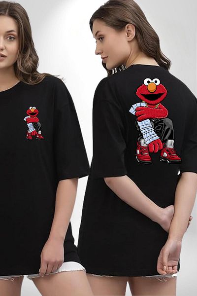 Angemiel Elmo Gangsta Money and Sneaker Style Black Oversize Women's Men's Front and Back Printed T-Shirt