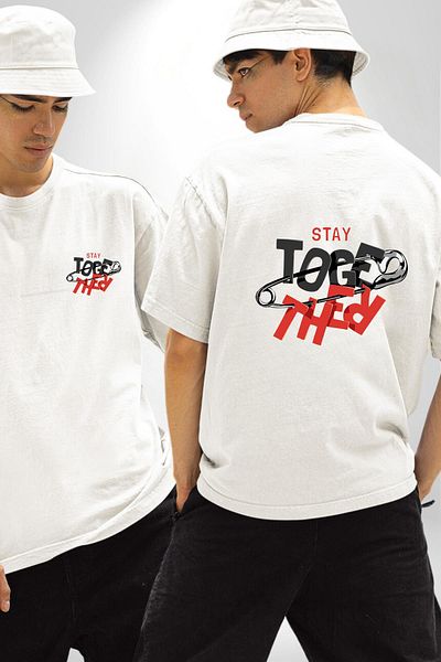 Angemiel Stay Together Creative and Energetic Street Fashion White Oversize Women's Men's Front and Back Printed T-Shirt