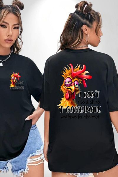 Angemiel Not Coffee, I'M Addicted to Caffeine Funny Chicken Black Oversize Women Men Front and Back Printed T-Shirt