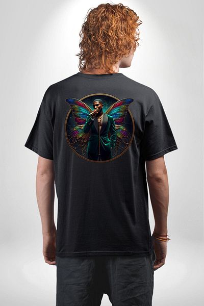 Angemiel Elegant Butterfly Microphone Winged Man Black Oversize Women Men Front and Back Printed T-Shirt