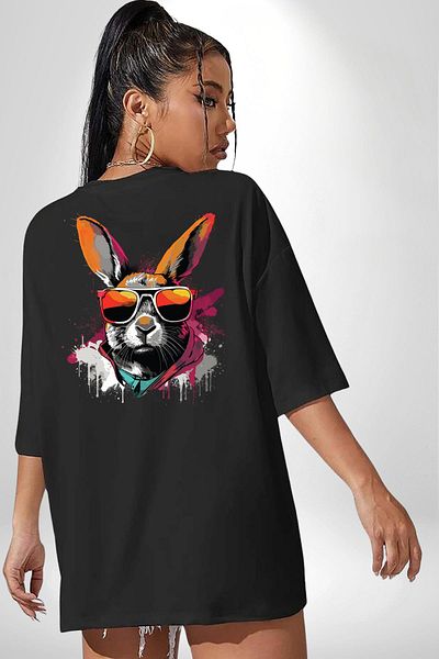 Angemiel Rebel Rabbit with Sunglasses Black Oversize Women's Men's Front and Back Printed T-Shirt