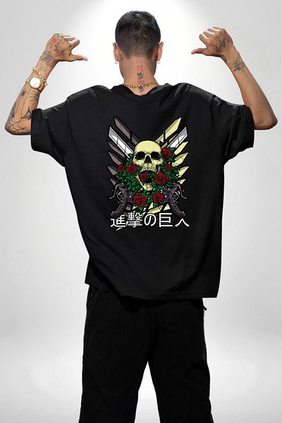 Angemiel Rose and Skeleton Black Oversize Women's Men's Front and Back Printed T-Shirt