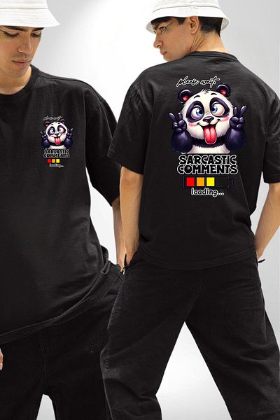 Angemiel Fun Panda Humorous Loading Loading Status Black Oversize Women Men Front and Back Printed Tee