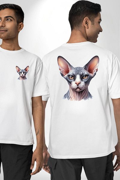 Angemiel تي شيرت مطبوع عليه Sphinx Cat White مقاس كبير للنساء والرجال من الأمام والظهر مع تعبير غامض