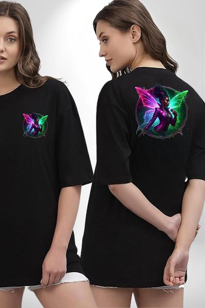 Angemiel Music Black Oversize Women Men Front and Back Printed T-Shirt with Shiny Wings and Microphone
