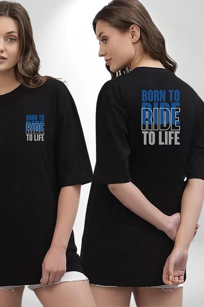 Angemiel Born to Ride Printed Black Oversize Women's Men's Front and Back Printed T-Shirt for Motorcycle Lovers