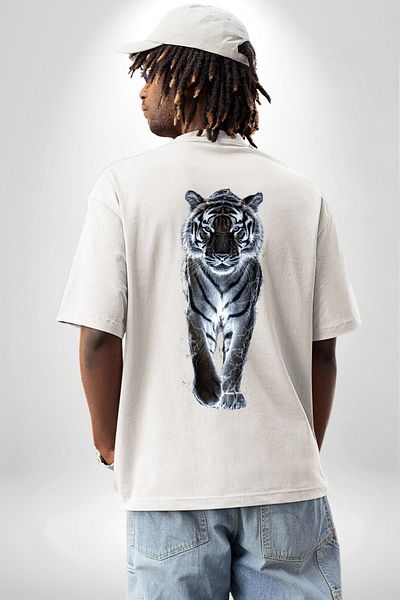 Angemiel تي شيرت White Tiger Artistic أبيض كبير الحجم للنساء والرجال مطبوع من الأمام والخلف