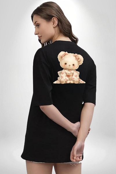 Angemiel Flower Patterned Kawaii Teddy Bear Black Oversize Women's Men's Front and Back Printed T-Shirt