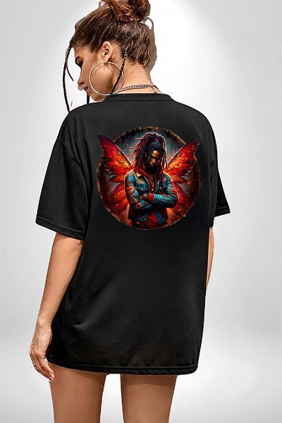 Angemiel Red Rasta Hip Hop Men's Fairy Black Oversize Women's Men's Front and Back Printed T-Shirt