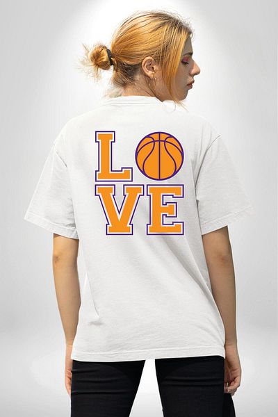 Angemiel Love White Oversize Women's Men's Front and Back Printed T-Shirt for Basketball Lovers