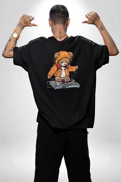 Angemiel Dj Teddy Bear Music Themed Hooded Teddy Black Oversize Women's Men's Front and Back Printed T-Shirt