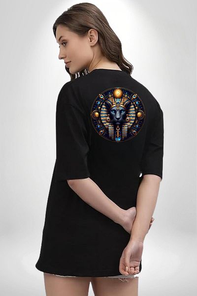 Angemiel Blue Lion Tefnut Moisture and Water Element Egypt Black Oversize Women's Men's Front and Back Printed T-Shirt