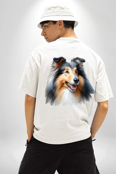 Angemiel Collie Elegant Clever Dog White Oversize Women's Men's Front and Back Printed T-Shirt