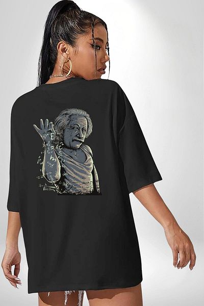 Angemiel Einstein a Revolution in the Universe with Science and Formulas Black Oversize Women Men Front and Back Printed Tee