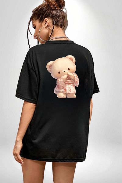 Angemiel Pink Floral Teddy Bear Patterned Black Oversize Women's Men's Front and Back Printed T-Shirt