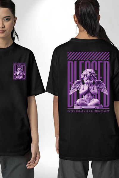 Angemiel Every Breath Is a Happy Gift Written Angel Black Oversize Women Men Front and Back Printed T-Shirt