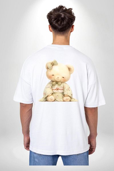 Angemiel Cream Colored Floral Patterned Kimono Sweet Teddy Bear White Oversize Women's Men's Front and Back Printed T-Shirt