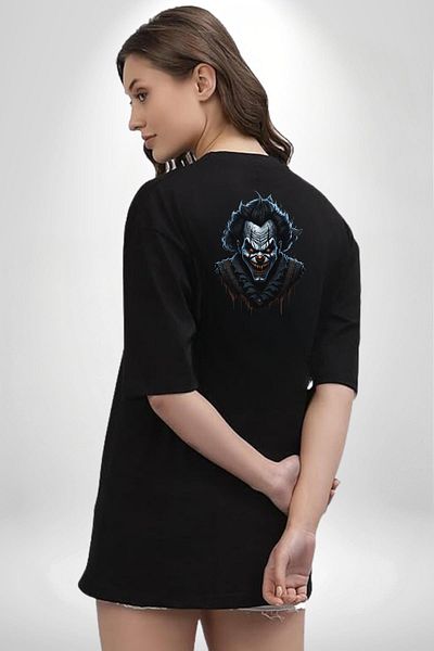 Angemiel Dark Humor Satanic Clown Figure Black Oversize Women's Men's Front and Back Printed T-Shirt