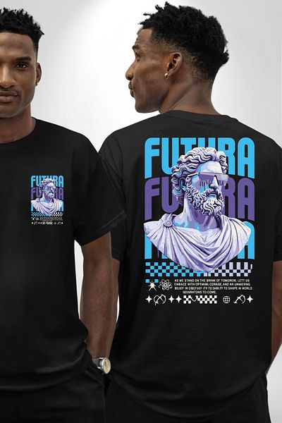 Angemiel Mythological Future Futura Technology Black Oversize Women's Men's Front and Back Printed T-Shirt