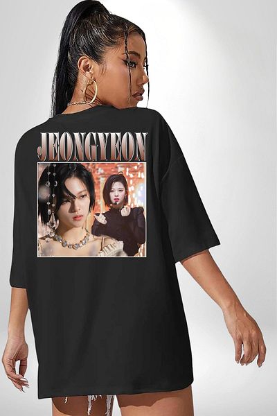 Angemiel Jeongyeon K-Pop Star Singer Black Oversize Women's Men's Front and Back Printed T-Shirt