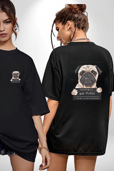 Angemiel Guilty Pug Bad Dog Guilty Face Black Oversize Women Men Front and Back Printed T-Shirt