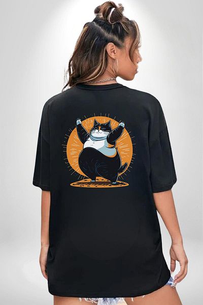 Angemiel Funny Fat Yoga Cat Black Oversize Women Men Front and Back Printed T-Shirt