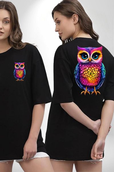Angemiel Neon Colors Owl Black Oversize Women's Men's Front and Back Printed T-Shirt