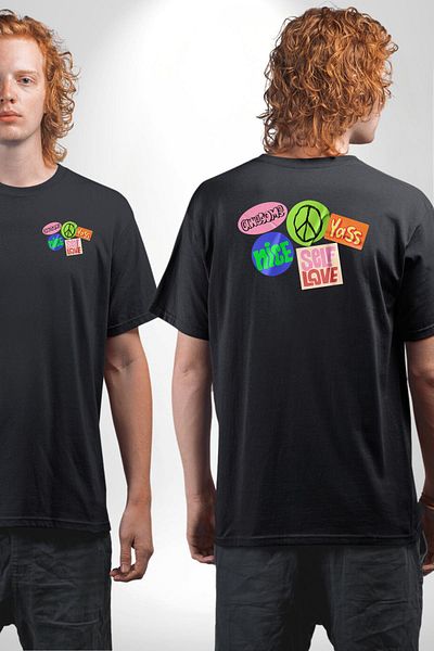 Angemiel Peace Positive Energy Stickers Black Oversize Women Men Front and Back Printed T-Shirt