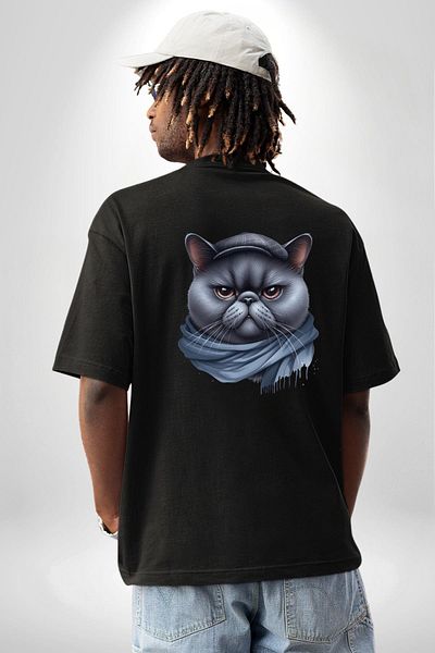 Angemiel Cat of the City Hat Shawl Serious Look Black Oversize Women Men Front and Back Printed T-Shirt