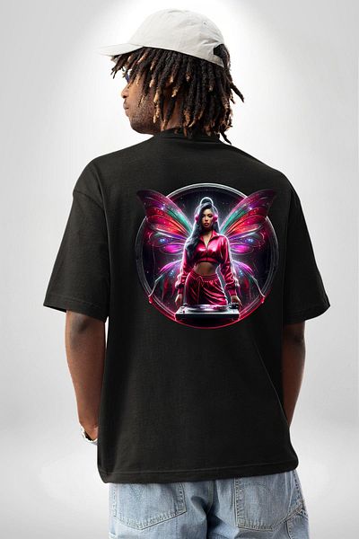 Angemiel Dj Butterfly New Generation Special Design Black Oversize Women's Men's Front and Back Printed T-Shirt