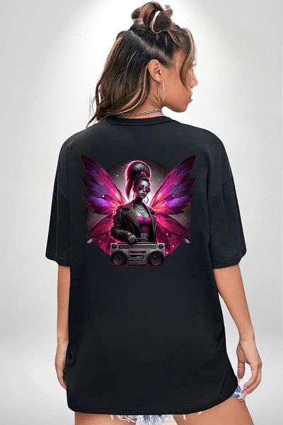 Angemiel Black Oversize Women's Men's Front and Back Printed T-Shirt with Red Fairy Glasses and Music Player