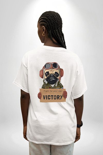 Angemiel Pilot Dog Pursuing Victory White Oversize Women's Men's Front and Back Printed T-Shirt