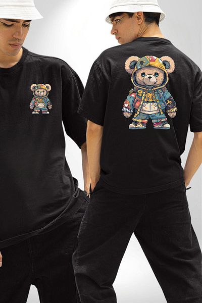 Angemiel Cute Hip-Hop Graffiti Bear Black Oversize Women's Men's Front and Back Printed T-Shirt