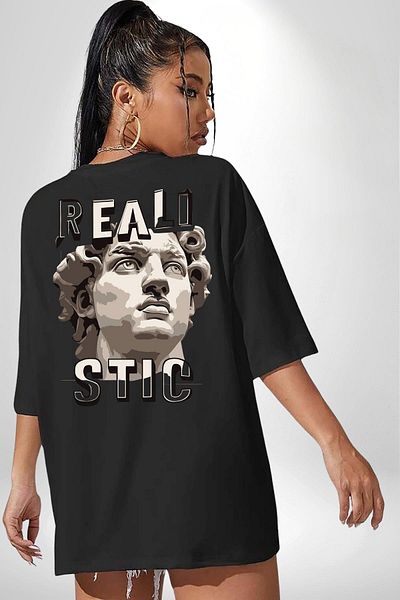 Angemiel Michelangelo David Statue Realistic Written Black Oversize Women's Men's Front and Back Printed T-Shirt