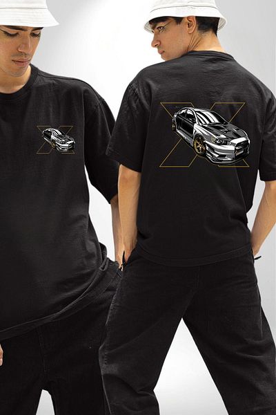 Angemiel High Performance Sports Sedan Themed Black Oversize Women's Men's Front and Back Printed T-Shirt