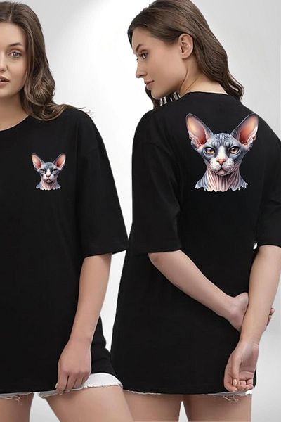 Angemiel Sphinx Cat with Mysterious Expression Black Oversize Women Men Front and Back Printed T-Shirt