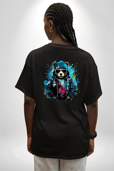 Angemiel Style Owner Bear Graffiti Hoodie Cool Bear Black Oversize Women Men Front and Back Printed T-Shirt