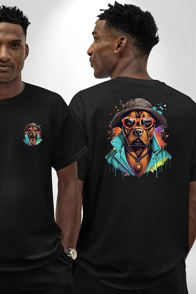 Angemiel  Style Pendant Cool Dog Black Oversize Women's Men's Front and Back Printed T-Shirt