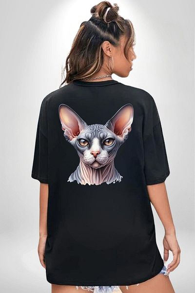 Angemiel Sphinx Cat with Mysterious Expression Black Oversize Women Men Front and Back Printed T-Shirt