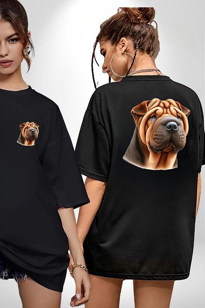 Angemiel Shar Pei Dog with Wrinkled Skin Black Oversize Women's Men's Front and Back Printed T-Shirt