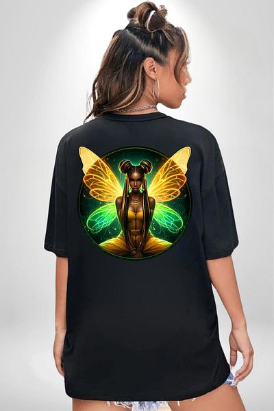 Angemiel Summer Neon Yellow-Green Women's Angel Black Oversize Women's Men's Front and Back Printed T-Shirt