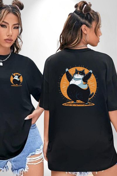 Angemiel Funny Fat Yoga Cat Black Oversize Women Men Front and Back Printed T-Shirt