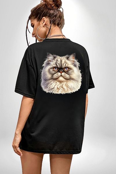 Angemiel Sophisticated and Noble Royal Cat Black Oversize Women's Men's Front and Back Printed T-Shirt
